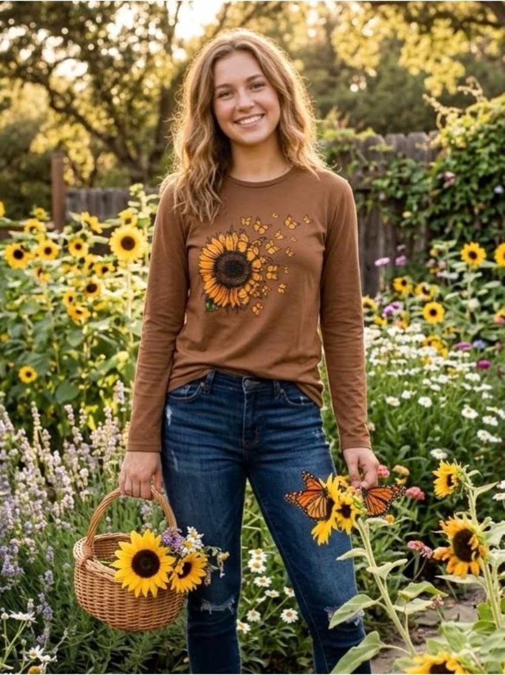 Brown Sunflower Long Sleeve Women's Tee